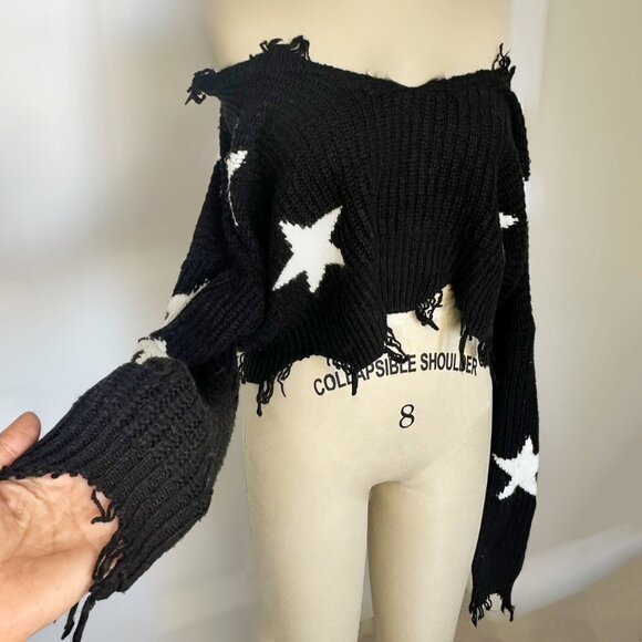 just polly Sweaters - Oversized Cropped Black Sweater with White Stars, Just Polly Womens Size Medium